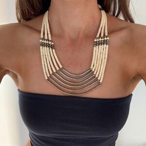 Vintage Native American Statement Layered Silver & Bone Bead Necklace
